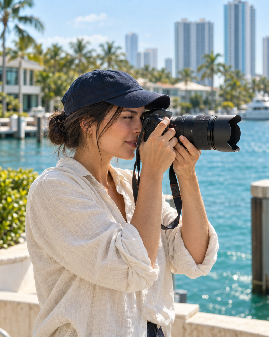 Content creator in a cap photographing the Miami skyline