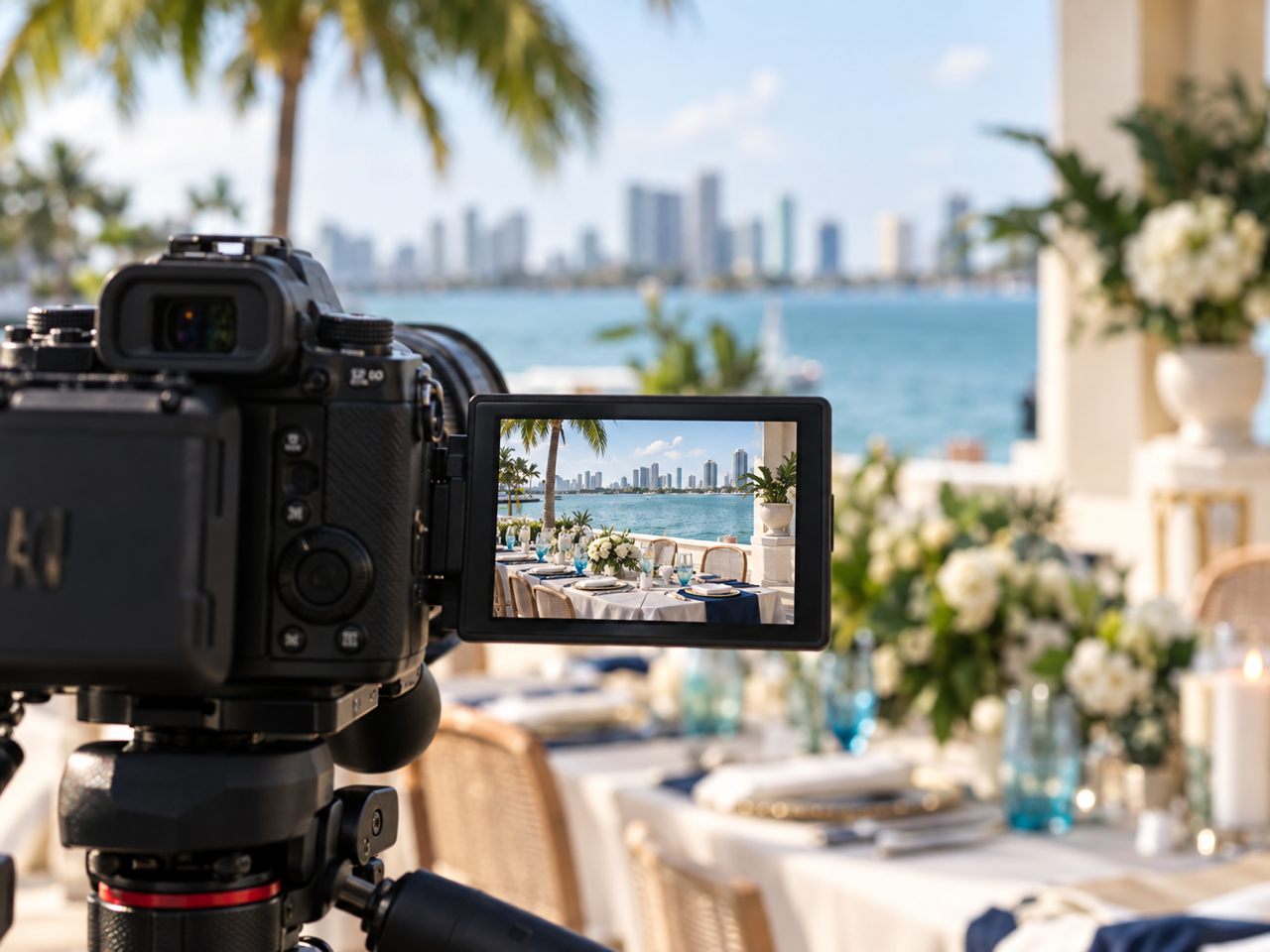 Camera on a tripod filming a waterfront event setup